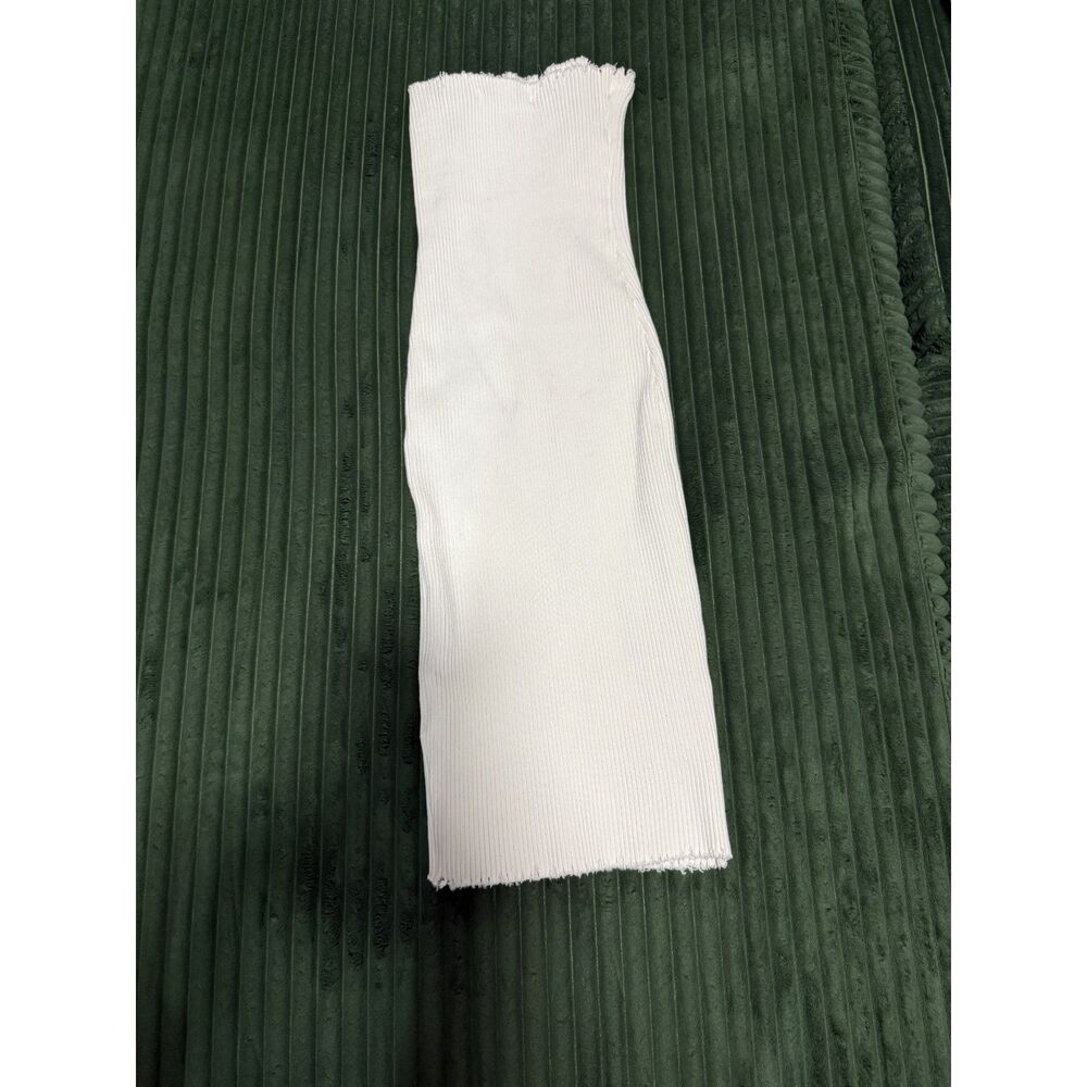White Ribbed Strapless Midi Dress — Raw Frayed Hem, Bodycon,